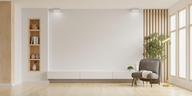 Modellieren sie einen an der wand montierten fernseher mit sessel im wohnzimmer mit einer weißen wand