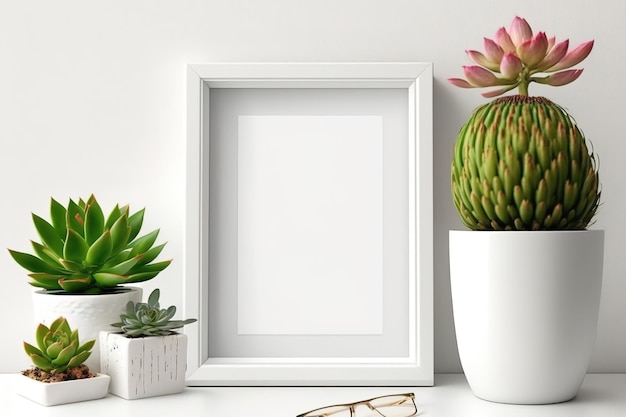 Modellieren Sie einen weißen Rahmen auf einem Schreibtisch oder Regal mit einer Sukkulentenpflanze und Tulpenblüten. Weiße Wand- und Regalrahmenausrichtung im Hochformat