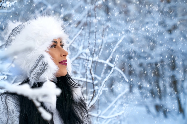 Modellieren Sie im warmen Winterhut, der Natur am sonnigen Tag des Winters bewundert