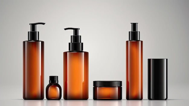 Modellieren Sie realistische, glänzende, bernsteinfarbene, transparente Glas-Kosmetik-Seifen-, Shampoo-, Creme-, Öl-Tropfer- und Sprühflaschen mit schwarzer Kappe für die Hintergrundillustration von Hautpflegeprodukten