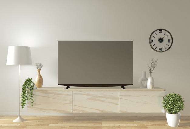 Modellieren Sie TV-Möbel und -Display mit minimalistischem Design und Dekoration im japanischen Stil