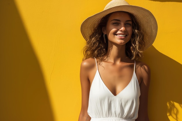 Modellmädchen in weißem Overall und weißem Kleid sitzt auf einem gelben Hintergrund, Sonnenstrahlen gehen durch ihr Gesicht