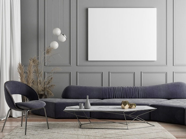 Modellplakat für Präsentation, skandinavisches Design des Wohnzimmers mit Hauptdekoration, grauer Hintergrund, 3D-Render, 3D-Illustration