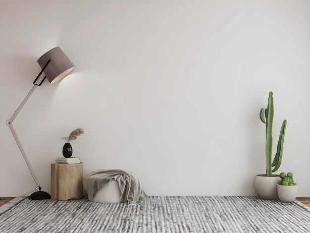 Modellraum mit leerer Wand, Hocker, Holztisch, Teppich, Kaktus und Stehlampe.