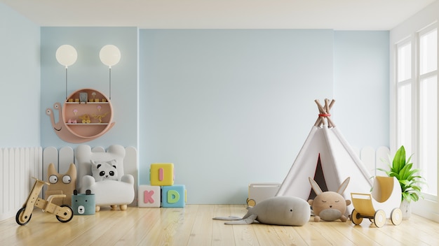 Modellwand im Kinderzimmer an der Wand hellblau.3D-Rendering