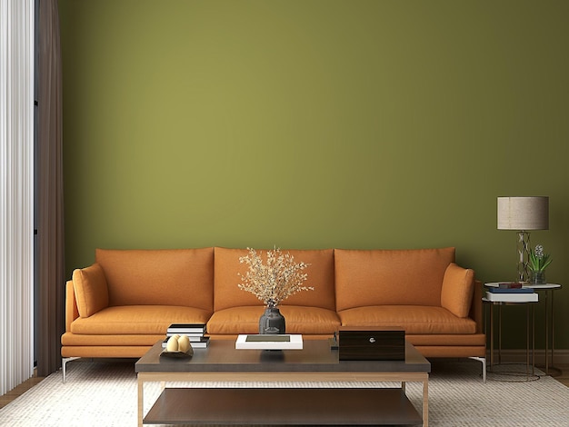 Modellwand mit grün gestrichener Wand und orangefarbenem Ledersofa