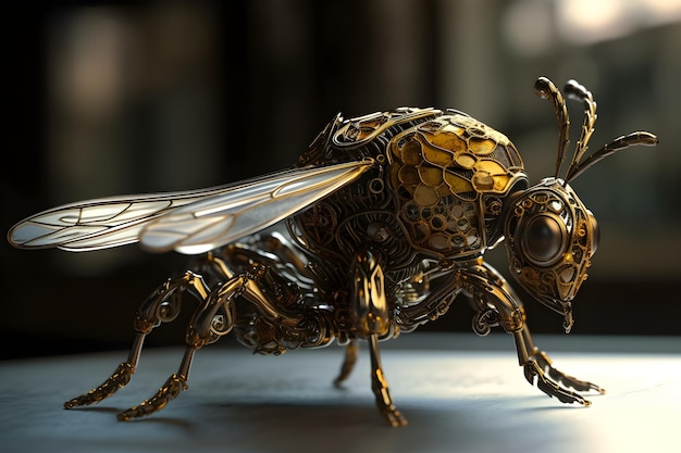 Un modelo 3d de una abeja con alas doradas.