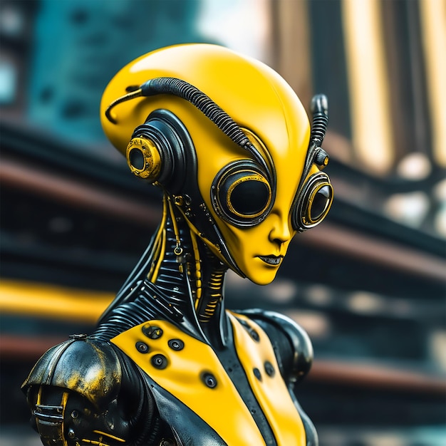 modelo 3D alienígena amarelo e preto de melhor qualidade no estilo do ícone cyberpunk surreal