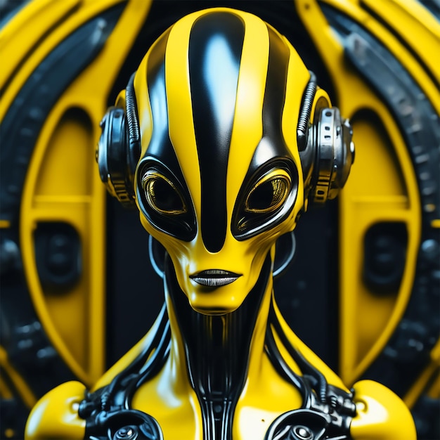 Modelo 3D alienígena amarillo y negro de la mejor calidad al estilo del ícono surrealista del cyberpunk