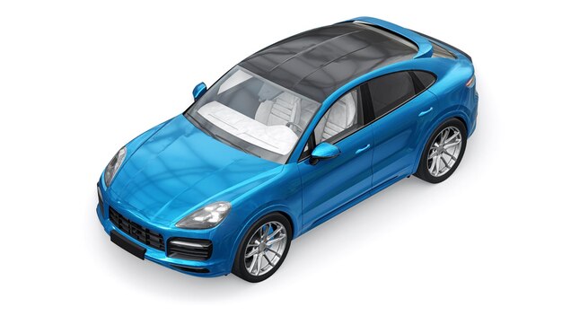 Modelo 3D azul de um SUV esportivo em um corpo de cupê em um fundo branco renderização 3D