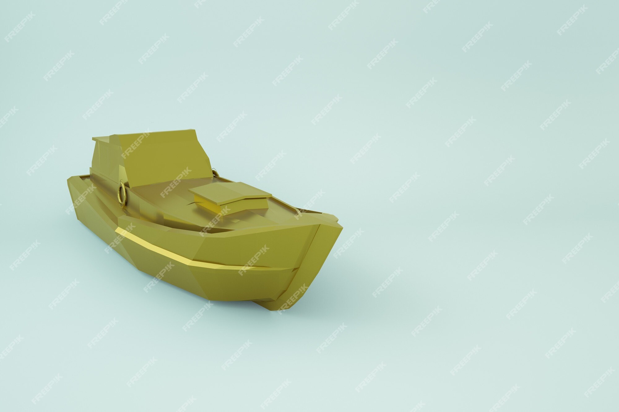 Modelo 3d de un barco, una lancha a motor sobre un fondo blanco aislado.  barco de motor dorado, amarillo, lancha rápida. recubrimiento de oro.  gráficos 3d, primer plano | Foto Premium