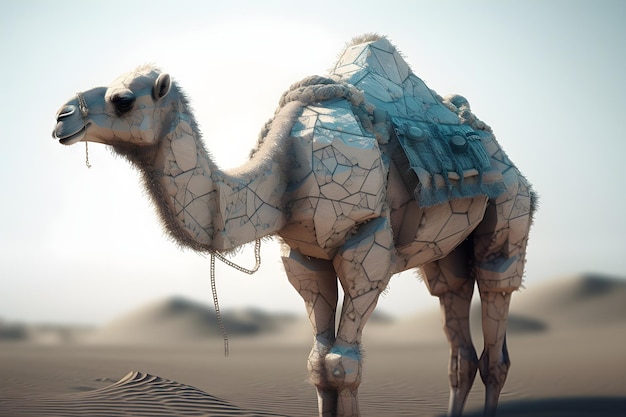 Un modelo 3d de un camello en el desierto.