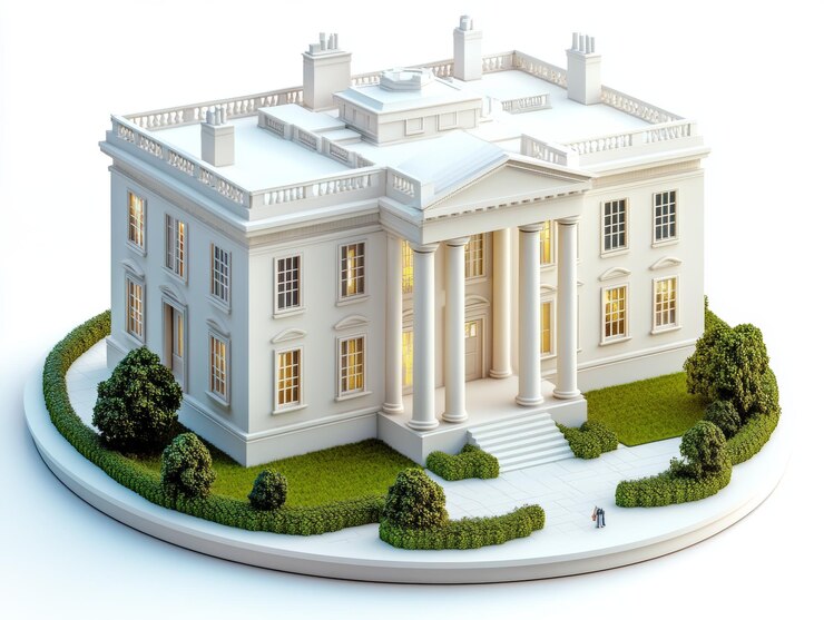 Un modelo 3D de una casa blanca con columnas, un césped y una pequeña figura en primer plano
