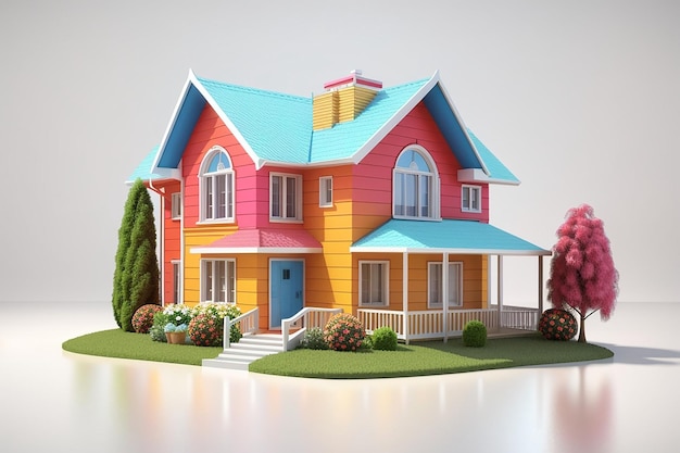 Modelo 3D de casa colorida aislado en fondo blanco Ilustración 3D de alta resolución