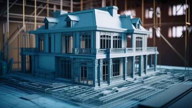 Un modelo 3d de una casa con un gran techo.