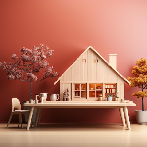 Modelo 3D de una casa de madera moderna de elegancia artesanal en la mesa de exhibición