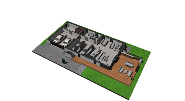 Modelo 3D de una casa moderna. Modelo de arquitectura, dibujo. plano de la casa