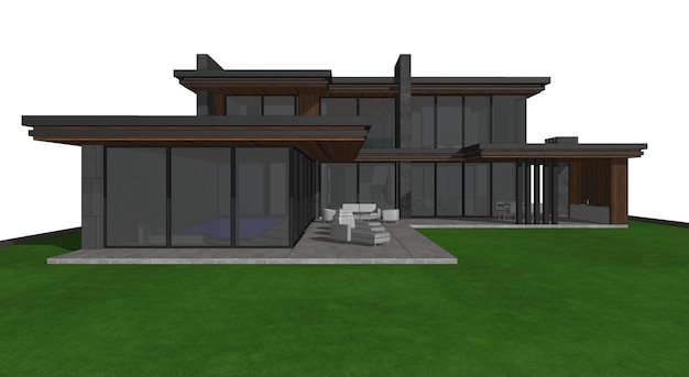 Modelo 3D de una casa moderna Visualización 3D de una casa sobre un fondo blanco Casa con un techo plano