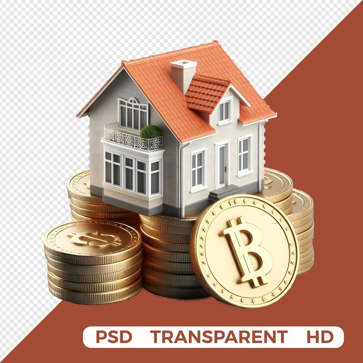 Modelo 3D de la casa en monedas dólares dinero aislado