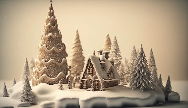 Un modelo 3d de una casa con nieve en el suelo y árboles al fondo.