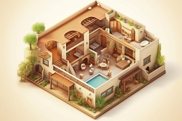 Un modelo 3d de una casa con piscina y piscina.