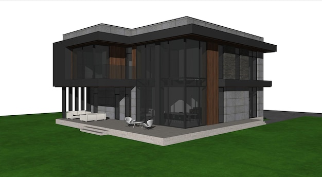 Modelo 3D de la casa. Plantilla arquitectónica, fondo. Maqueta arquitectónica de la casa.