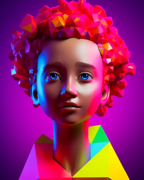 Un modelo 3d de una chica con el pelo rojo y un fondo colorido.