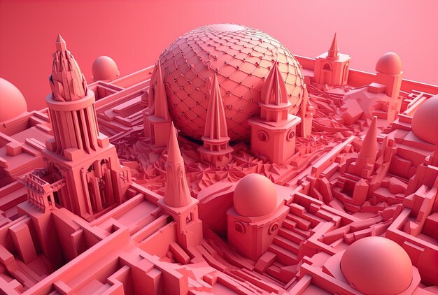 Foto un modelo 3d de una ciudad con un edificio rojo en el fondo