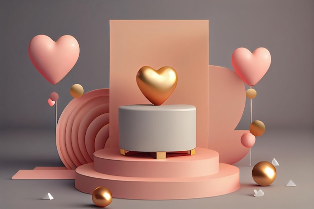 Un modelo 3d de un corazón dorado sobre un pedestal con globos y globos.