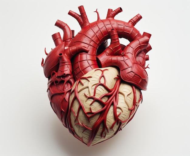 un modelo 3D de un corazón humano en el estilo de detalle fotorrealista fondo blanco marrón claro