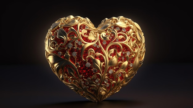 Modelo 3D de un corazón de oro decorado con diamantes rojos sobre un fondo oscuro