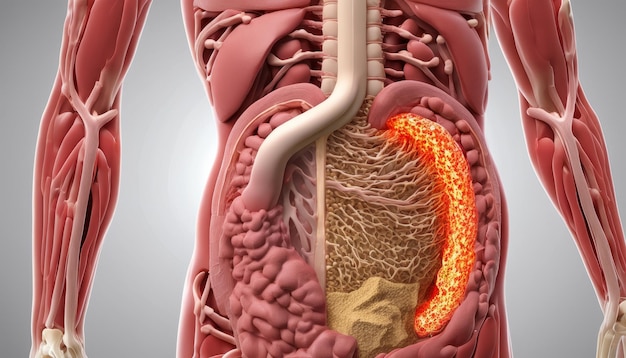 Un modelo 3D de un cuerpo humano con un estómago rojo y amarillo