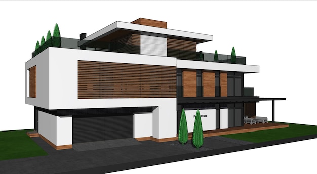 Modelo 3D da casa. Modelo arquitetônico, plano de fundo. Modelo arquitetônico da casa