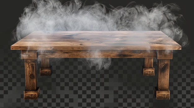 Foto modelo 3d de mesa de madeira castanha com vapor ou fumaça em fundo transparente vista de primeiro plano de mesa com superfície de textura de madeira para exibição de mercadorias