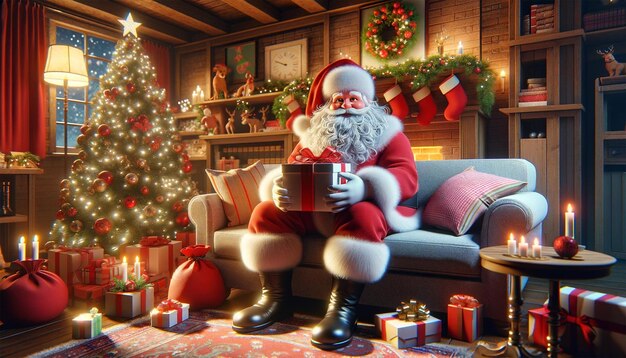 Foto modelo 3d de papai noel sentado em um sofá e segurando um presente de natal