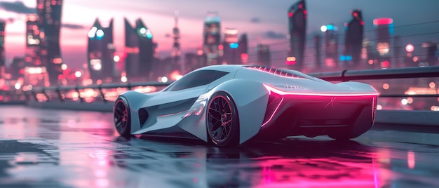 Modelo 3D de um carro elétrico triangular futurista de design elegante com fundo de cidade de néon