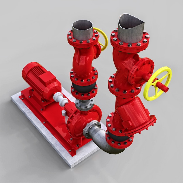 Modelo 3D de uma bomba industrial e seção de tubo com válvulas de corte isoladas em cinza