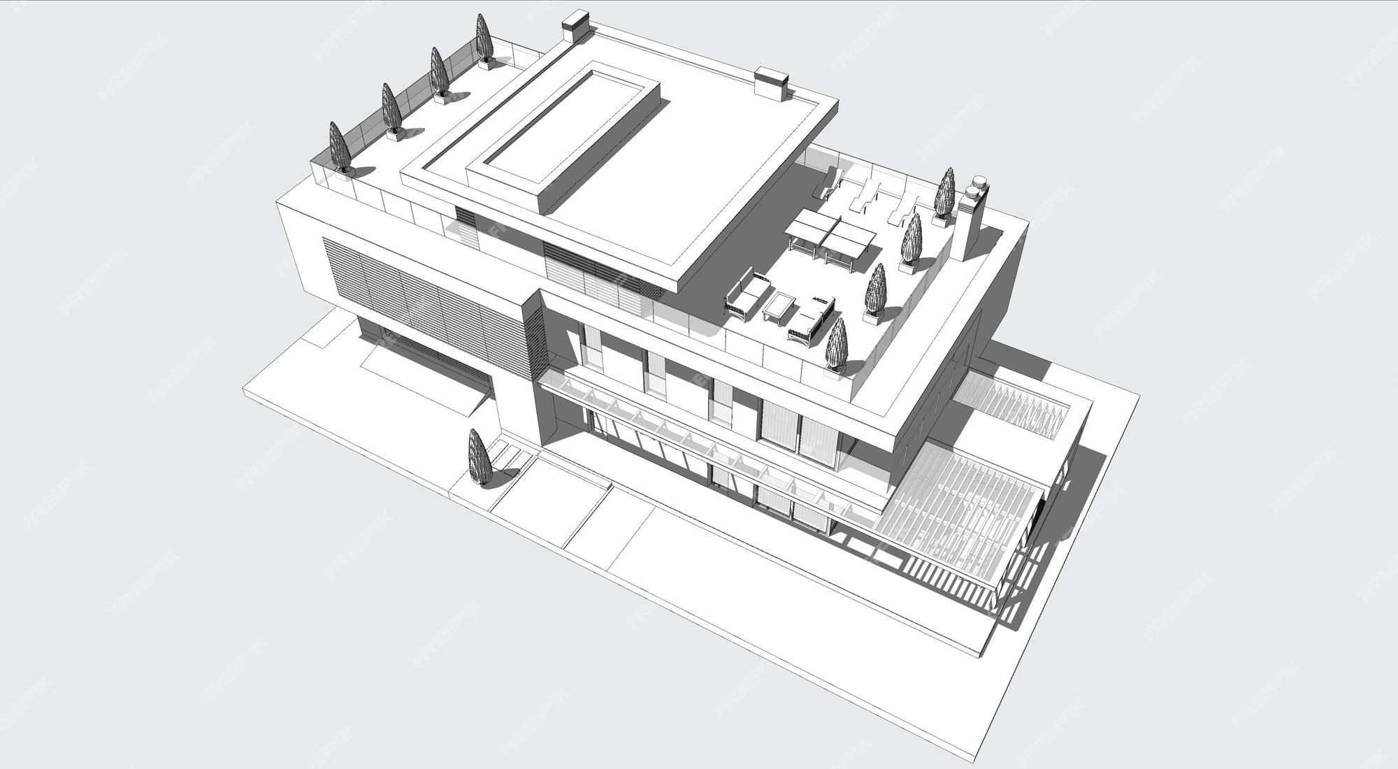 Modelo 3d de uma casa moderna. modelo de arquitetura, desenho. planta da  casa