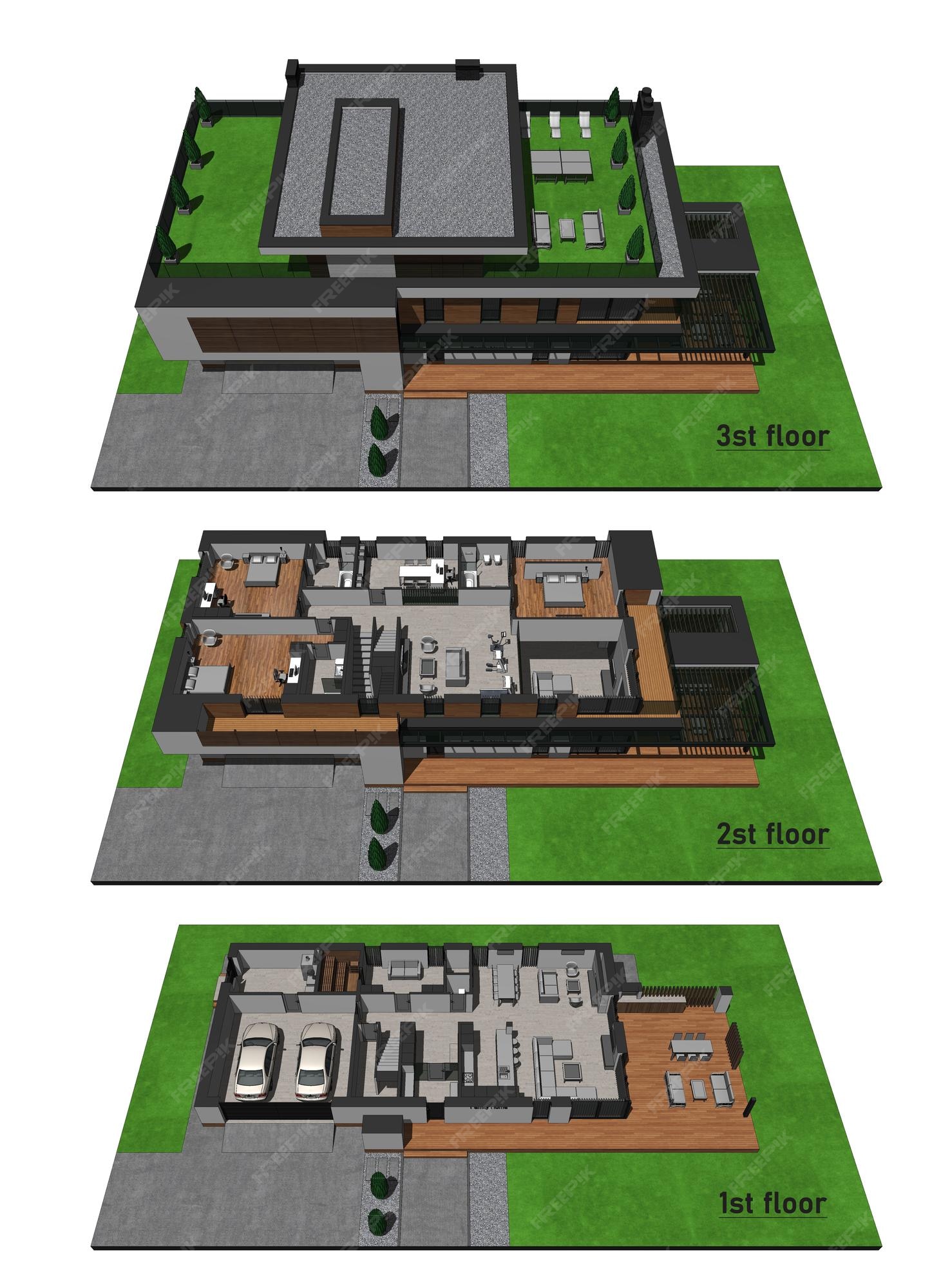 Modelo 3d de uma casa moderna. modelo de arquitetura, desenho. planta da  casa