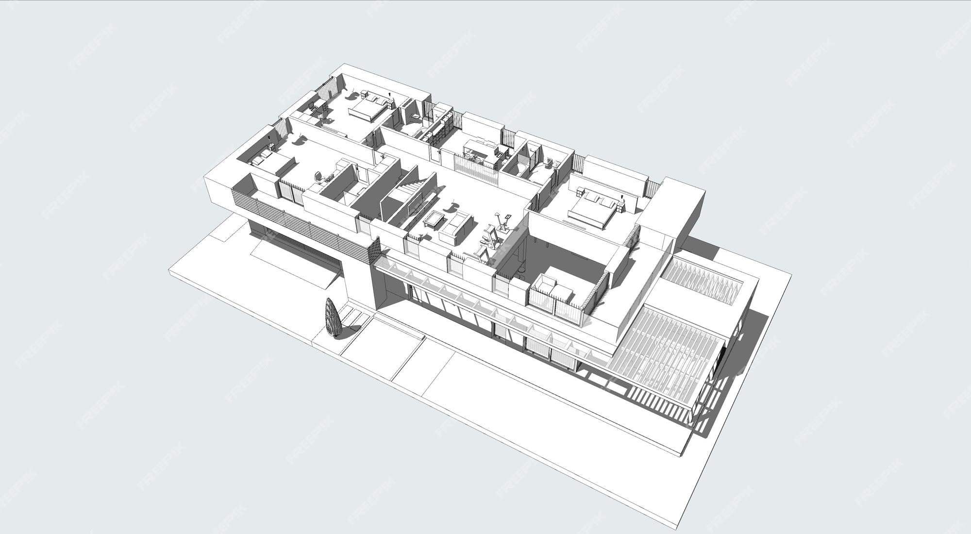 Modelo 3d de uma casa moderna. modelo de arquitetura, desenho. planta da  casa