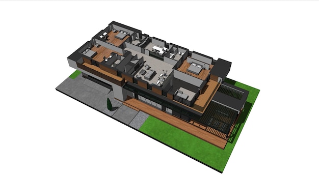 Modelo 3D de uma casa moderna. Modelo de arquitetura, desenho. planta da casa