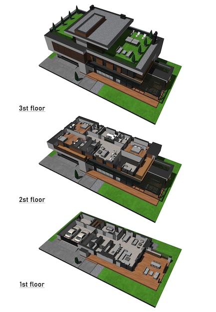 Modelo 3d de uma casa moderna. modelo de arquitetura, desenho. planta da  casa