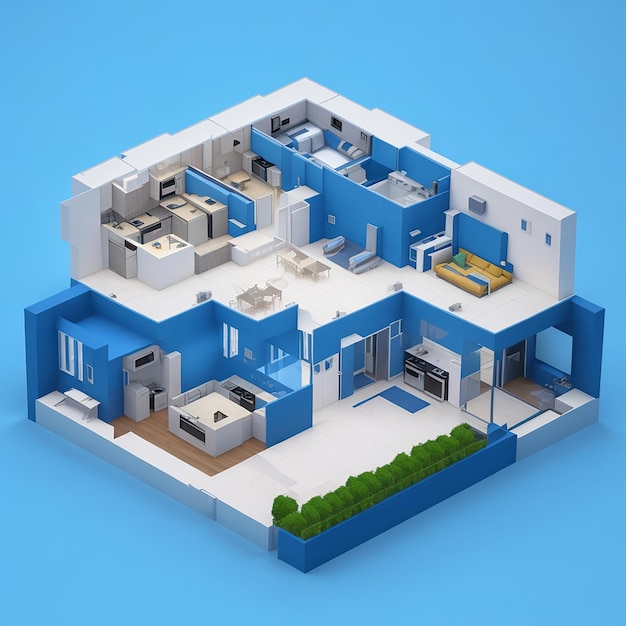 Modelo 3D de uma planta baixa de casa com vista para quartos mobiliados dentro ar 32 ângulo isométrico fundo azul sombras dos desenhos animados Generative AI
