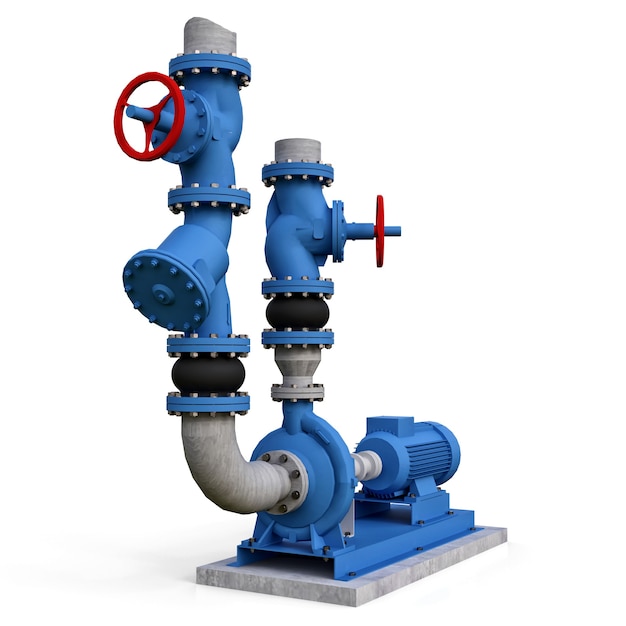 Modelo 3d de uma seção de bomba e tubulação industrial com válvulas de corte em um fundo branco e isolado. ilustração 3d.