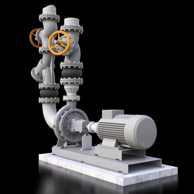 Modelo 3D de uma seção de bomba e tubulação industrial com válvulas de corte em um fundo preto isolado. Ilustração 3D.