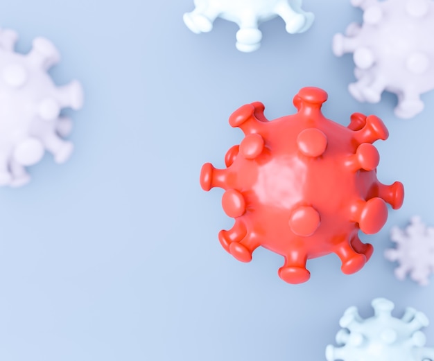 Modelo 3D de vírus de argila vermelha com vírus branco sobre fundo claro. Renderização de ilustração 3D.