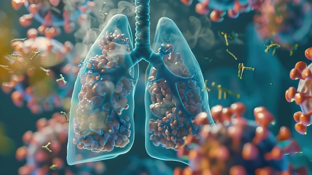 Un modelo 3D detallado de pulmones humanos que muestra el virus en azul enfatizando su presencia y efectos en el tejido pulmonar para un análisis visual integral