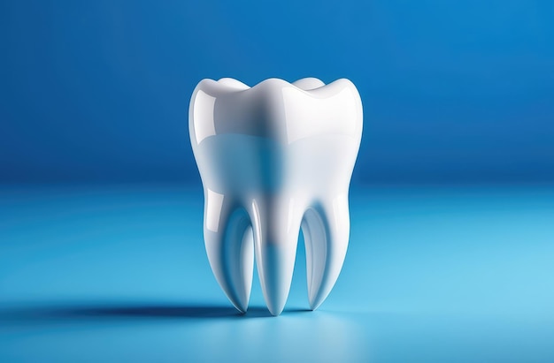 Modelo 3D de un diente molar blanco y saludable sobre un fondo azul concepto de estomatología odontológica