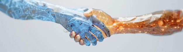 Un modelo 3D dinámico de un apretón de manos entre avatares digitales que simboliza un acuerdo de negocios virtual en una foto publicitaria de fondo blanco