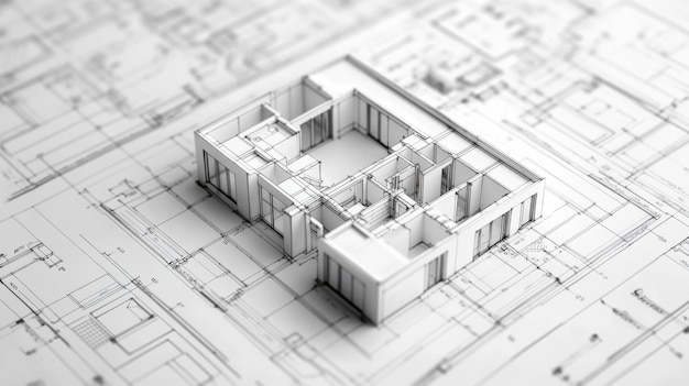 Modelo 3D de un edificio en planos arquitectónicos